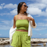 YIREH Millie Short in Parakeet - Rayon Women's Shorts (w/ A La Mode Button-Up in Cloud & Rumi Bandeau in Parakeet)