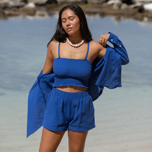 YIREH Millie Short in Kai - Rayon Women's Shorts (w/ A La Mode Button-Up & Rumi Bandeau in Kai)
