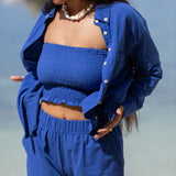 YIREH Millie Short in Kai - Rayon Women's Shorts (w/ A La Mode Button-Up & Rumi Bandeau in Kai)