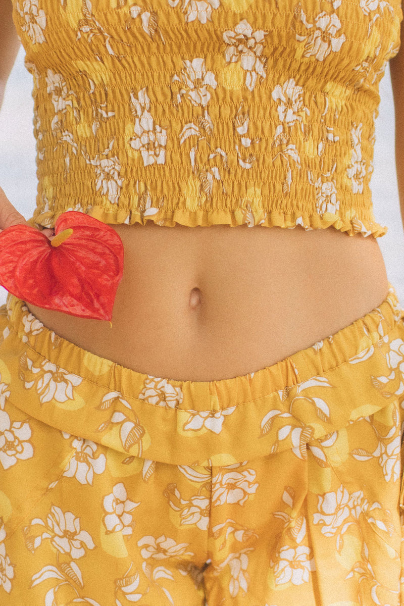 YIREH Pantai Short in Honey - Rayon Women's Shorts (closeup w/ Rumi Bandeau in Honey)