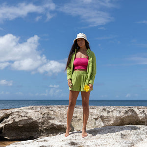 YIREH Rumi Bandeau in Pitaya - Rayon Women's Top (w/Millie Short in Parakeet & A La Mode Button-Up in Parakeet) 
