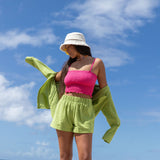 YIREH Rumi Bandeau in Pitaya - Rayon Women's Top (w/Millie Short in Parakeet & A La Mode Button-Up in Parakeet) 