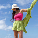 YIREH Rumi Bandeau in Pitaya - Rayon Women's Top (w/Millie Short in Parakeet & A La Mode Button-Up in Parakeet) 