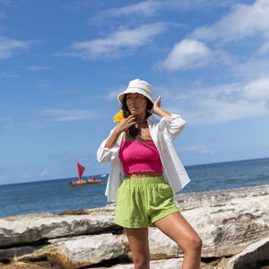 YIREH Rumi Bandeau in Pitaya - Rayon Women's Top (w/Millie Short in Parakeet & A La Mode Button-Up in Cloud) 
