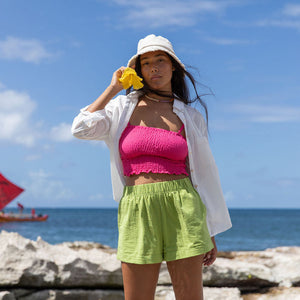 YIREH Rumi Bandeau in Pitaya - Rayon Women's Top (w/Millie Short in Parakeet & A La Mode Button-Up in Cloud) 