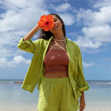 YIREH Millie Short in Parakeet - Rayon Women's Shorts (w/ A La Mode Button-Up in Parakeet & Rumi Bandeau in Terra)