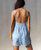 YIREH Wild Daisy Romper in Sky - Rayon Women's Romper. A flowy romper with wide legs and adjustable straps. Women's resortwear. Ethically and sustainably made.