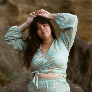 YIREH Zoe Wrap Top in Sage - Rayon Women's Top (w/ Sumi Pant in Sage)