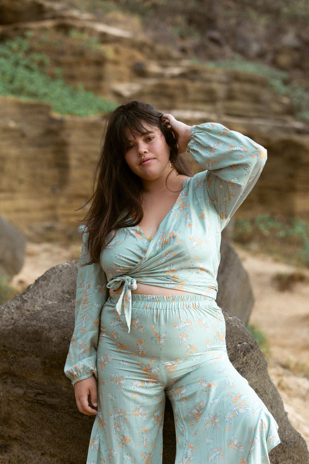 YIREH Zoe Wrap Top in Sage - Rayon Women's Top (w/ Sumi Pant in Sage)