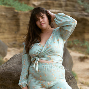 YIREH Zoe Wrap Top in Sage - Rayon Women's Top (w/ Sumi Pant in Sage)