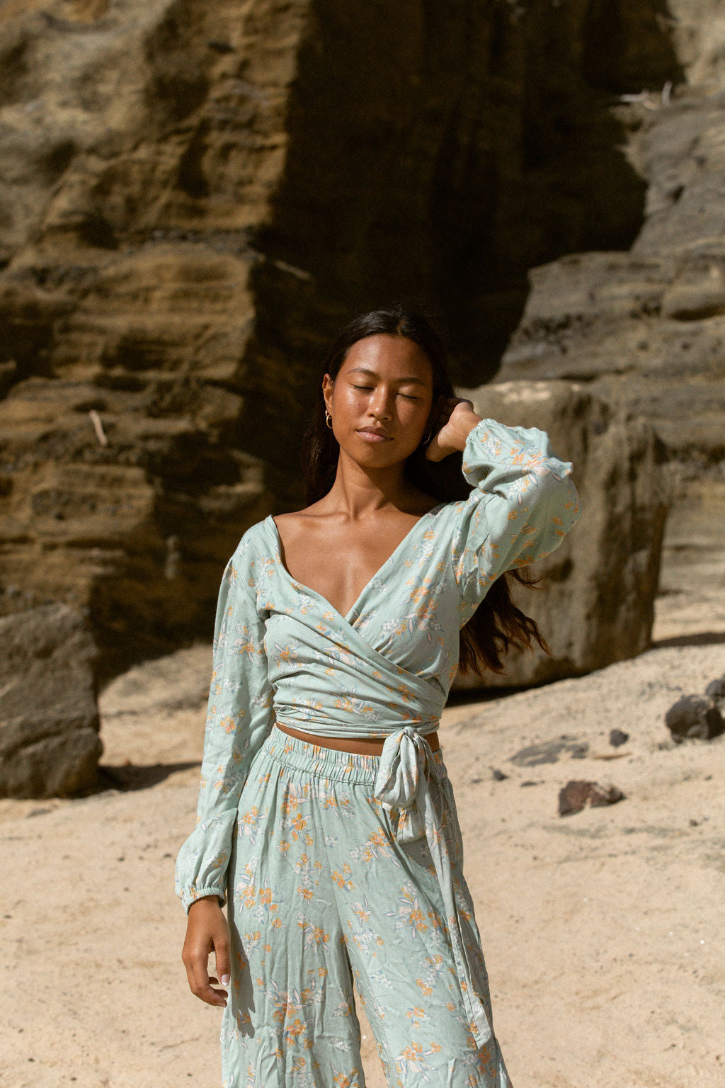 YIREH Zoe Wrap Top in Sage - Rayon Women's Top (w/ Sumi Pant in Sage)