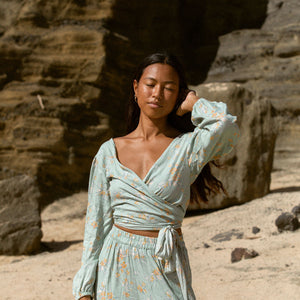 YIREH Zoe Wrap Top in Sage - Rayon Women's Top (w/ Sumi Pant in Sage)