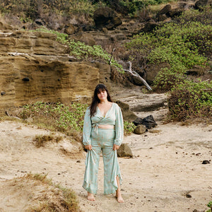 YIREH Zoe Wrap Top in Sage - Rayon Women's Top (w/ Sumi Pant in Sage)