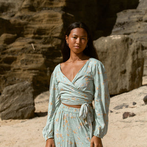 YIREH Zoe Wrap Top in Sage - Rayon Women's Top (w/ Sumi Pant in Sage)
