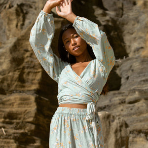 YIREH Zoe Wrap Top in Sage - Rayon Women's Top (w/ Sumi Pant in Sage)