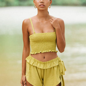 YIREH Pantai Short in Pantai Short in Turmeric - Rayon Women's Shorts (w/ Rumi Bandeau in Pantai Short in Turmeric)