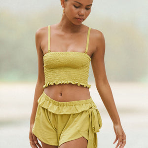 YIREH Pantai Short in Pantai Short in Turmeric - Rayon Women's Shorts (w/ Rumi Bandeau in Pantai Short in Turmeric)